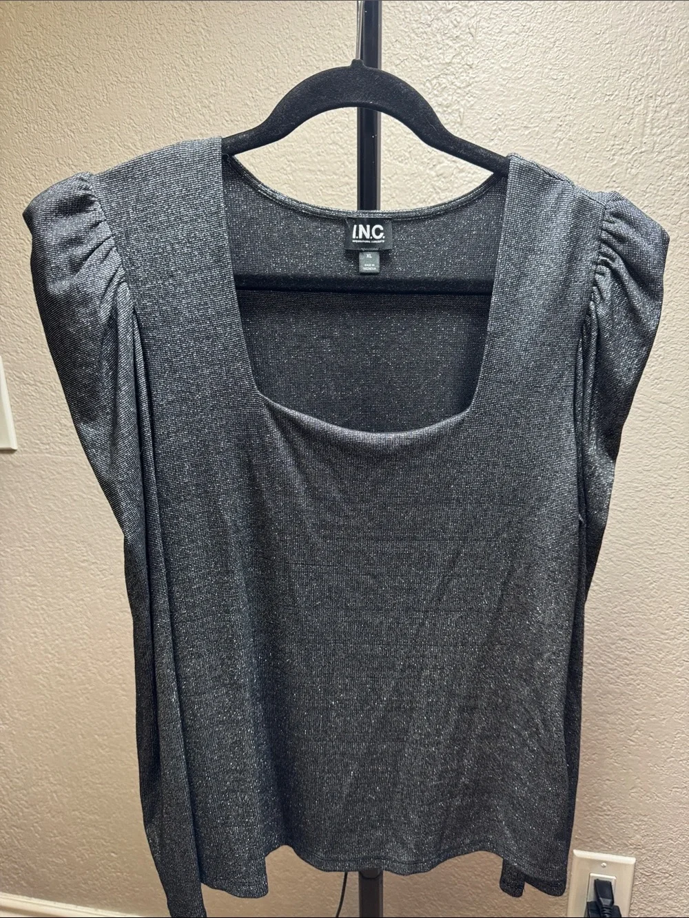 INC International Concepts Black Metallic Scoop-Neck with Long Puff Sleeves